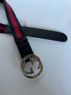 NWT Gucci Web GG Silver Buckle Leather/Fabric Belt Blue/Red 80/32 Italy 411924