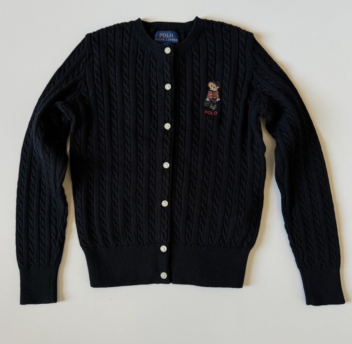 NWT Polo Ralph Lauren Bear Girl's Black Cotton Botton Sweater Size 7