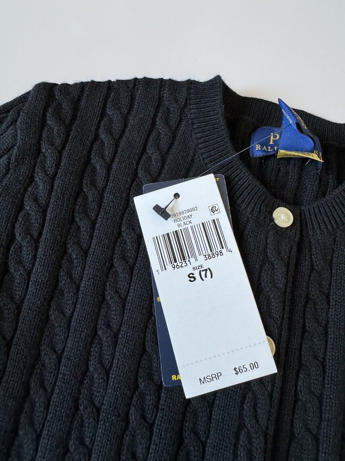 NWT Polo Ralph Lauren Bear Girl's Black Cotton Botton Sweater Size 7