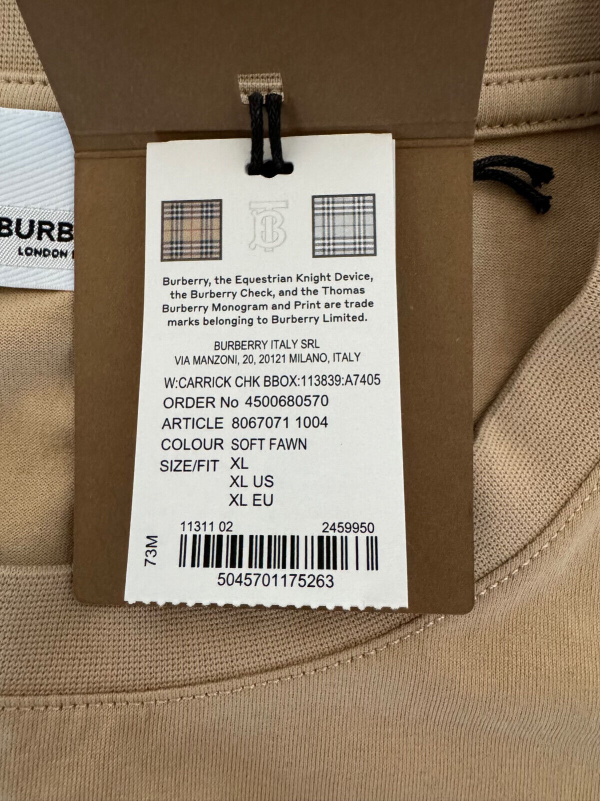 NWT $580 Burberry Logo Men's Beige Plaid Cotton T-shirt XL (Oversized) 8067071