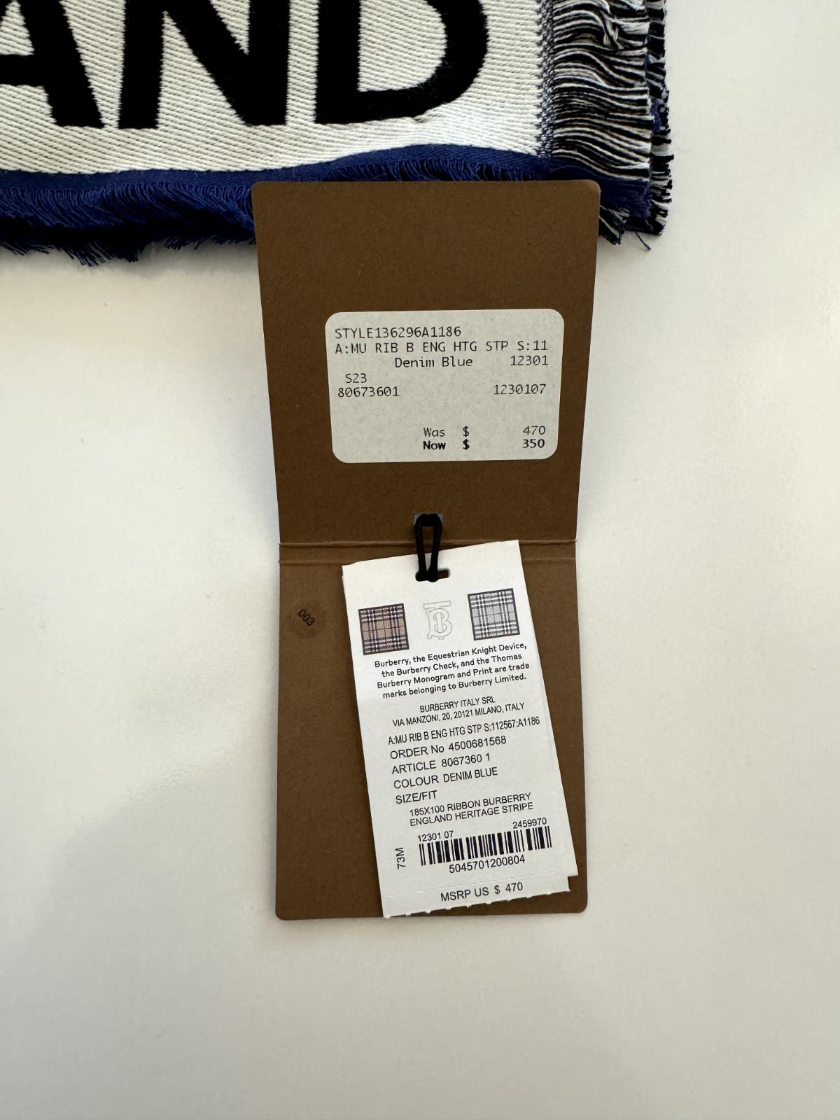 NWT $470 Burberry Cotton Scarf  Denim Blue 185 cm x 100 cm 8067360 Italy