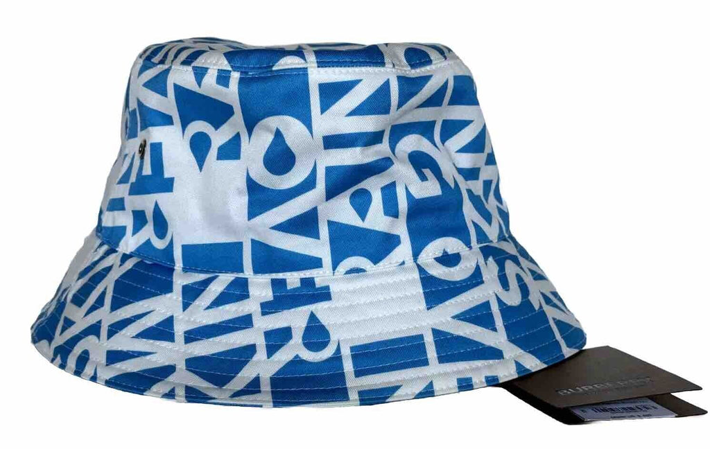 NWT $480 Burberry Raintext Bucket Hat White/Blue M (57 cm) 8055938 Italy