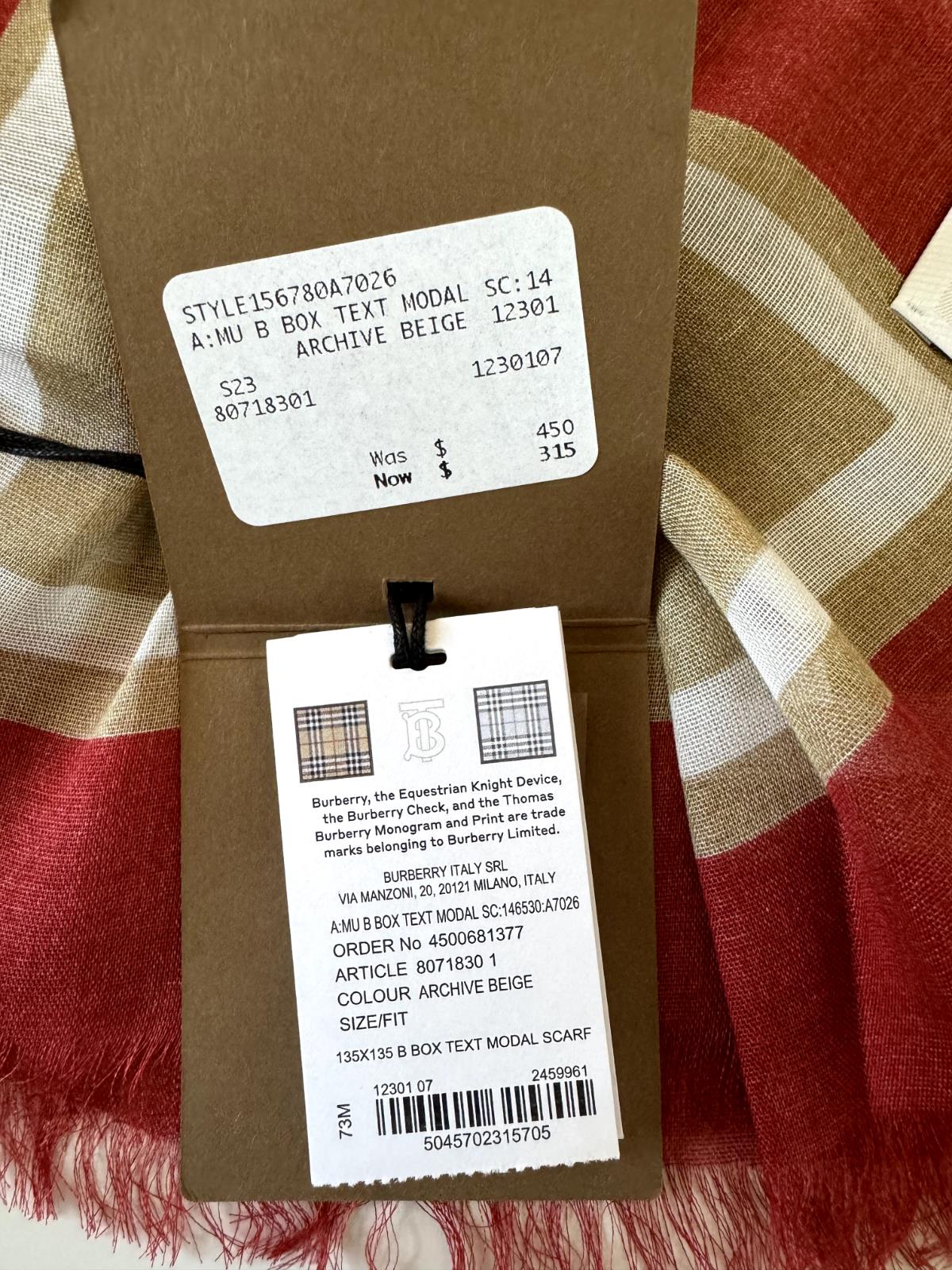 NWT $450 Burberry B Box Text Modal Archive Beige Scarf 53"Wx53"L 80718301 Italy