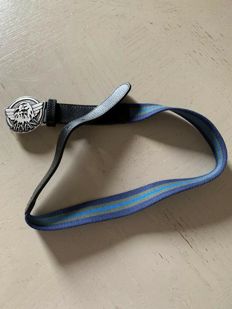 New $120 Armani Junior Boy Leather/Canvas Belt Blue US S ( 63 Eu ) Italy