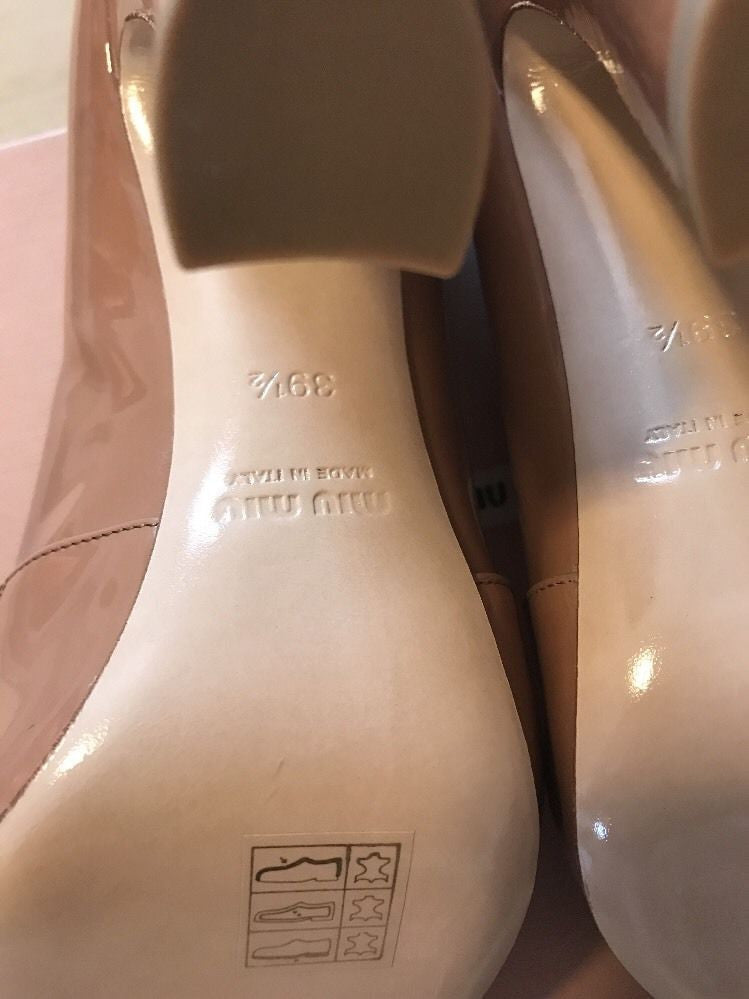 NIB Miu Miu Prada Women's Leather Curved Block Heels Shoes Beige 39.5 Italy - BAYSUPERSTORE