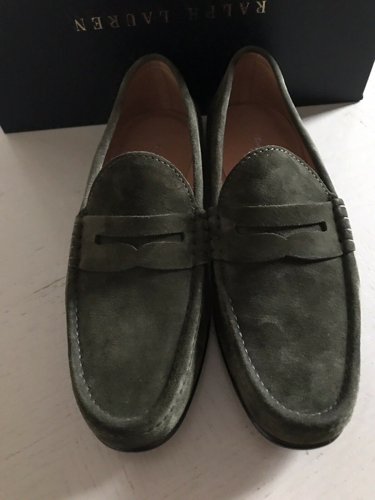 New $895 Men's Ralph Lauren Purple Label Suede Driver Shoes Green 10 US Italy