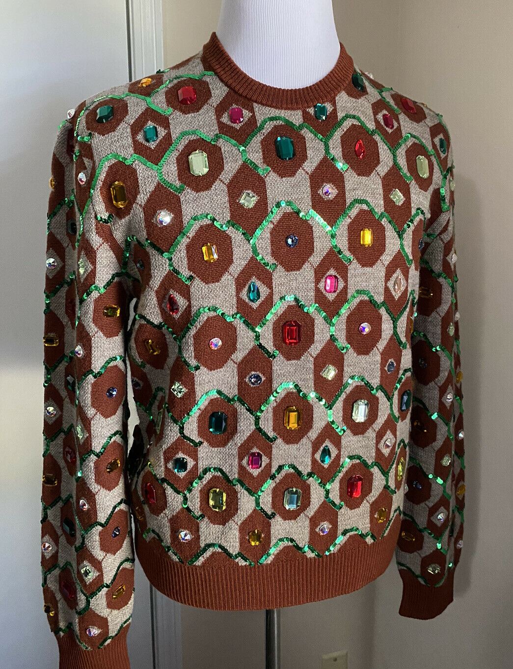 NWT $4980 Gucci Men Wool Crewneck Sweater Brown /Multicolor L Italy