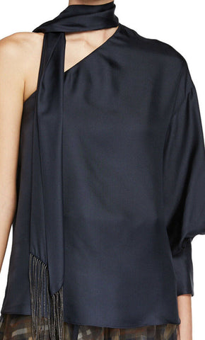 New $2095 Brunello Cucinelli Women’s One-Shoulder Silk Blouse DK Blue M Italy