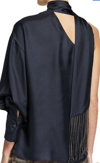 New $2095 Brunello Cucinelli Women’s One-Shoulder Silk Blouse DK Blue M Italy