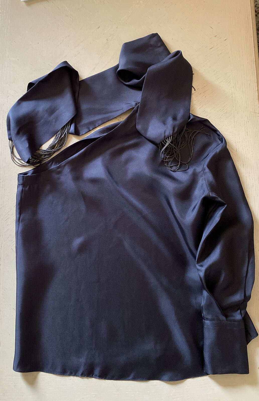 New $2095 Brunello Cucinelli Women’s One-Shoulder Silk Blouse DK Blue M Italy