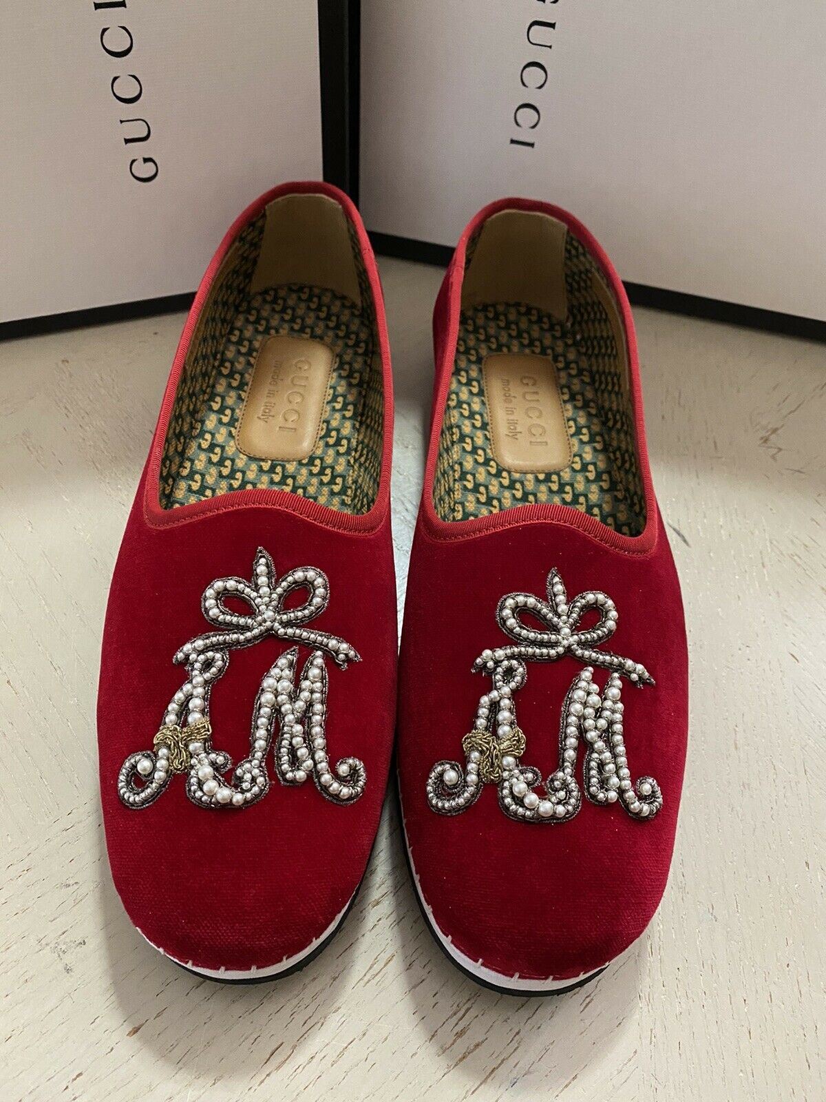 NIB $980 Gucci Mens Velvet Loafers Shoes Red 7.5 US / 6.5 UK