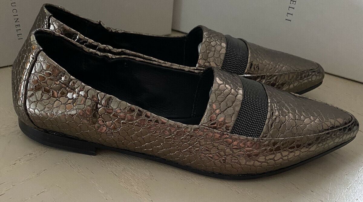 NIB $795 Brunello Cucinelli Damen Flache Loafers Schuhe Gold 7 US ( 37 Eu )