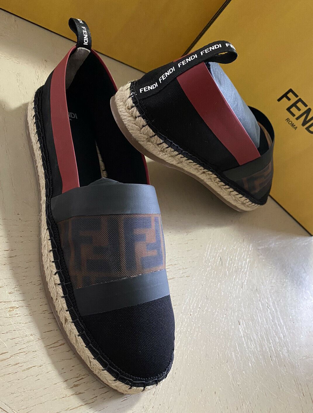 NIB Fendi Women Flat Colibrì Mesh FF Espadrille Black/Red 10.5 US ( 40.5 Eu )