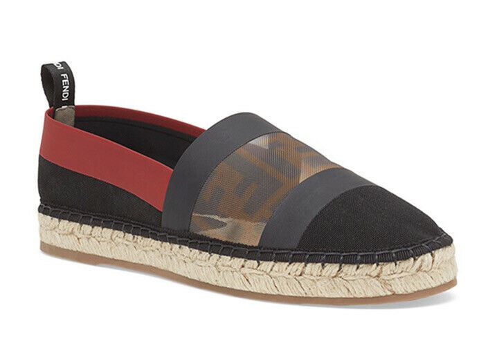 NIB Fendi Damen Flat Colibrì Mesh FF Espadrille Schwarz/Rot 10,5 US (40,5 Eu)