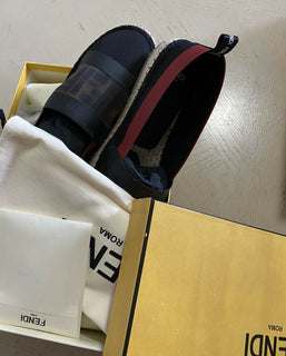 NIB Fendi Damen Flat Colibrì Mesh FF Espadrille Schwarz/Rot 7 US (37 Eu)