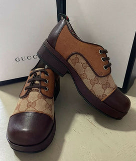 NIB $ 1100 Gucci Jungen GG Monogram Leder/Canvas-Schuhe Braun 32/1L US Alter 6,5