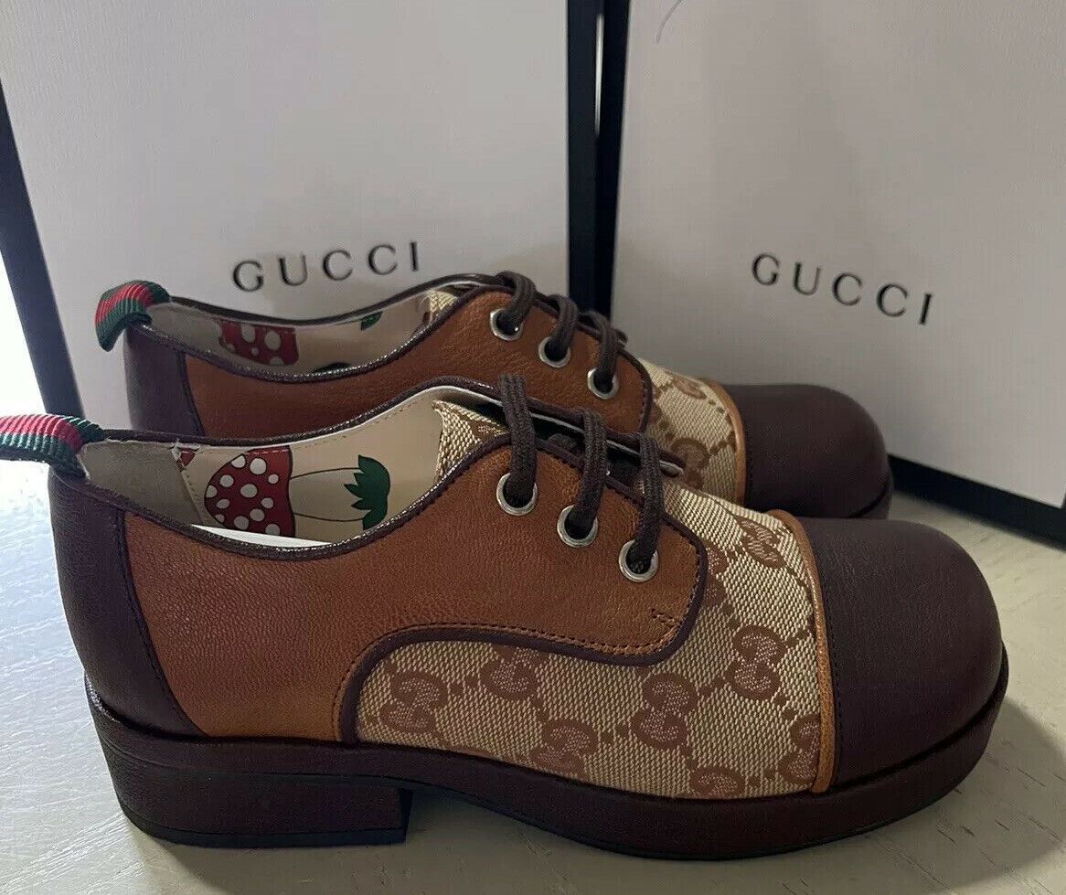 NIB $1100 Gucci Boys GG Monogram Leather/Canvas Shoes Brown 32/1L US Age 6.5