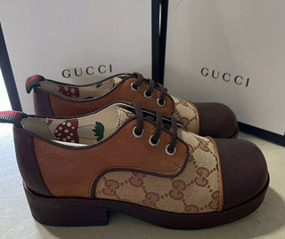 NIB $ 1100 Gucci Jungen GG Monogram Leder/Canvas-Schuhe Braun 32/1L US Alter 6,5