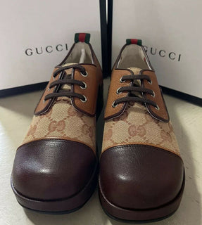 NIB $ 1100 Gucci Jungen GG Monogram Leder/Canvas-Schuhe Braun 32/1L US Alter 6,5