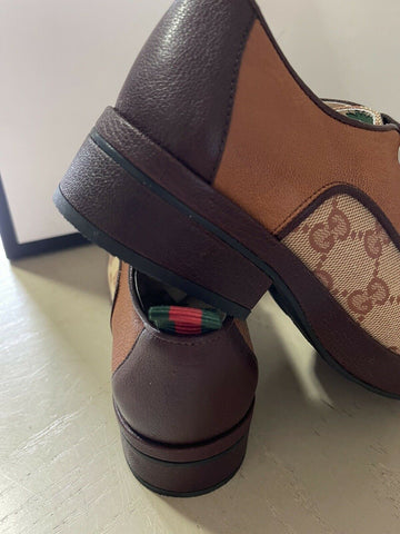 NIB $ 1100 Gucci Jungen GG Monogram Leder/Canvas-Schuhe Braun 32/1L US Alter 6,5