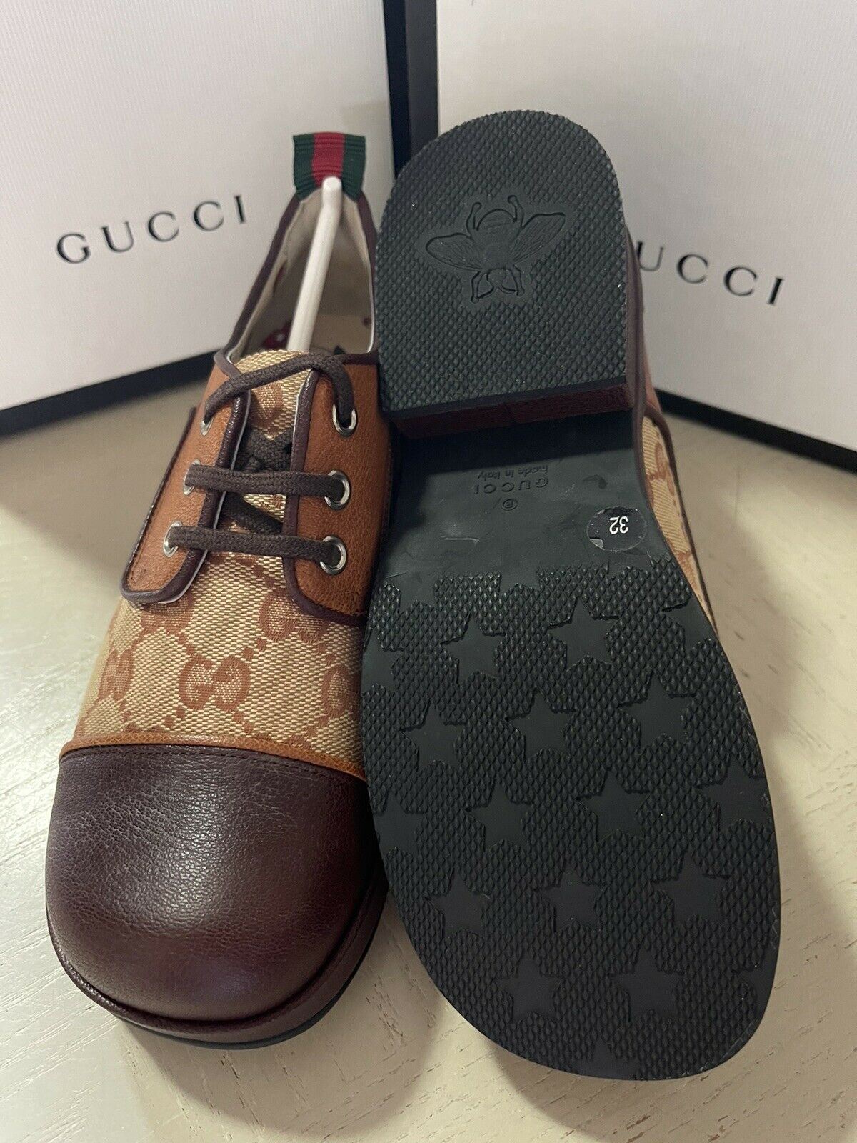 NIB $1100 Gucci Boys GG Monogram Leather/Canvas Shoes Brown 32/1L US Age 6.5