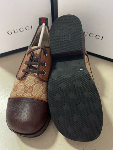 NIB $ 1100 Gucci Jungen GG Monogram Leder/Canvas-Schuhe Braun 32/1L US Alter 6,5