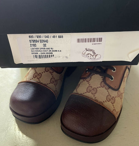 NIB $ 1100 Gucci Jungen GG Monogram Leder/Canvas-Schuhe Braun 32/1L US Alter 6,5
