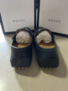 NIB Gucci Boys Kids Leather Driver Shoes Black Size 32/1 US Age 6.5