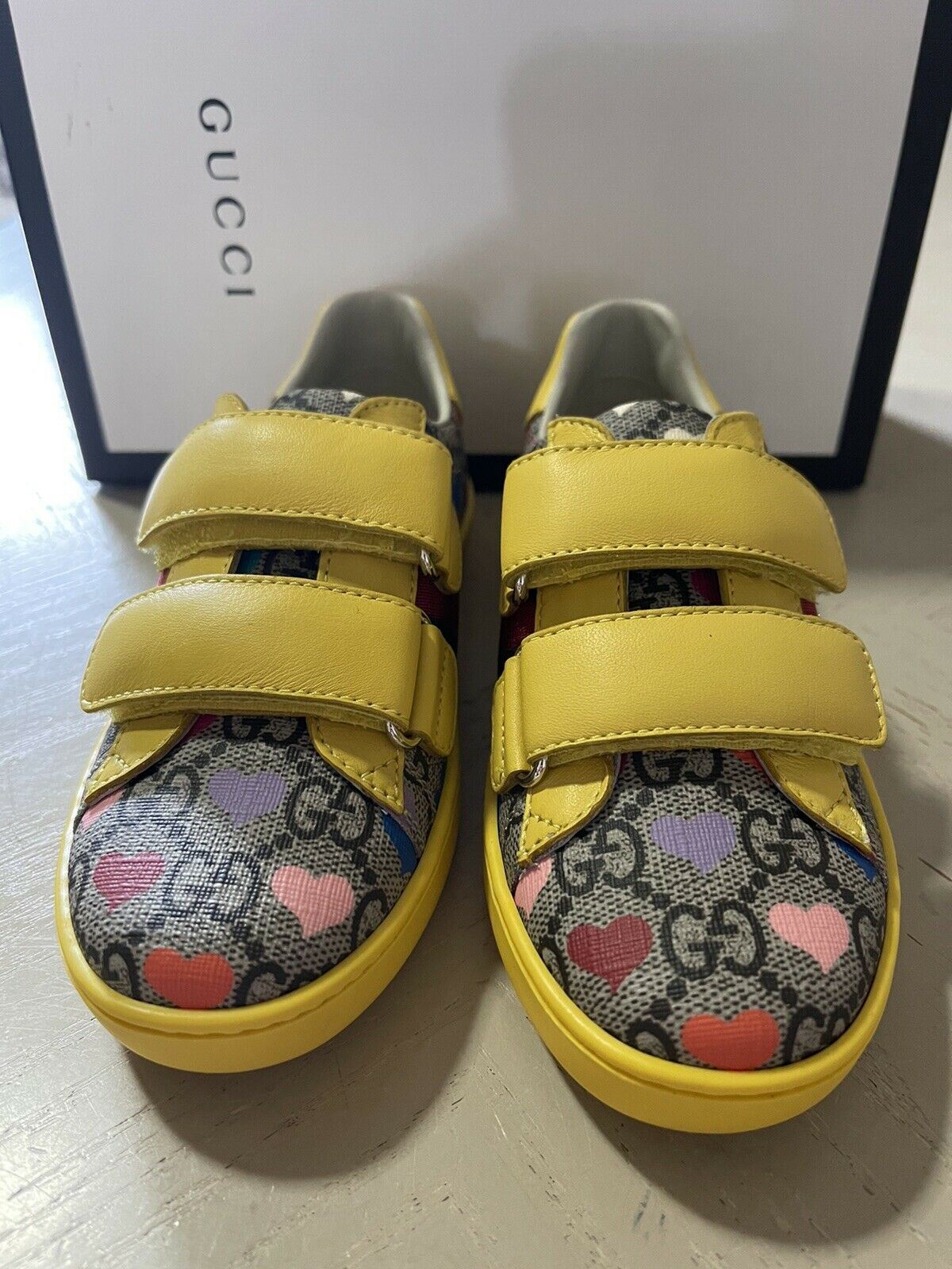 NIB Gucci Kids GG Monogram Leather/Canvas Sneakers Yellow/Cray 28/10 US Age 5