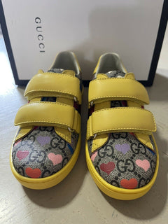 NIB Gucci Kinder GG Monogram Leder/Canvas Sneakers Gelb/Cray 28/10 US Alter 5
