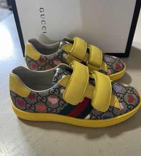 NIB Gucci Kinder GG Monogram Leder/Canvas Sneakers Gelb/Cray 28/10 US Alter 5