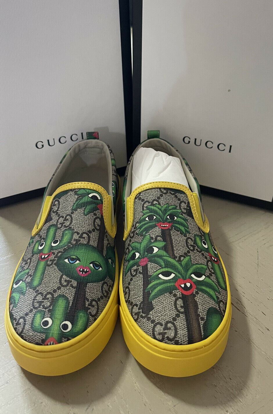 NIB Gucci Kids GG Monogram Leather/Canvas Sneakers Green/Cray 33/2US Age 7