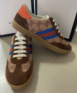 NIB Gucci Kinder Jungen GG Monogramm Wildleder/Canvas Sneakers Schuhe Braun 31/13 US Alter 6