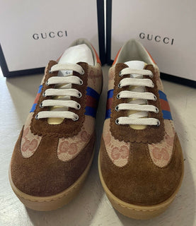 NIB Gucci Kinder Jungen GG Monogramm Wildleder/Canvas Sneakers Schuhe Braun 31/13 US Alter 6