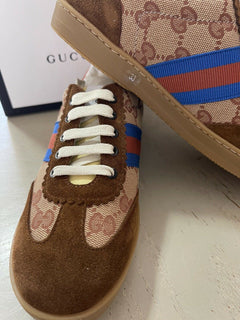NIB Gucci Kinder Jungen GG Monogramm Wildleder/Canvas Sneakers Schuhe Braun 31/13 US Alter 6
