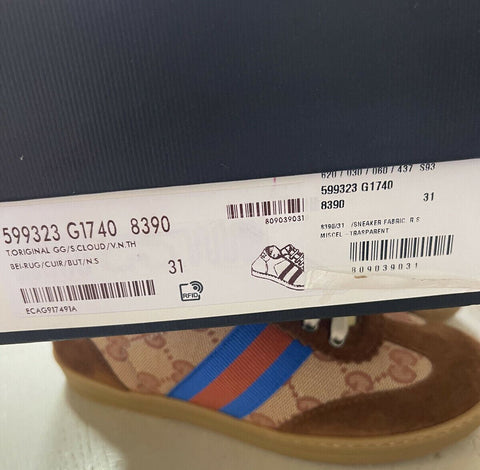 NIB Gucci Kids Boys GG Monogram Suede/Canvas Sneakers Shoes Brown 31/13 US Age 6