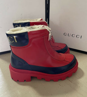 NIB Gucci Kinder Lederstiefel mit Kunstfellfutter Rot/Schwarz 32/1 US Alter 6,5