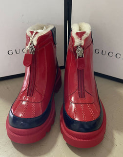 NIB Gucci Kinder Lederstiefel mit Kunstfellfutter Rot/Schwarz 32/1 US Alter 6,5
