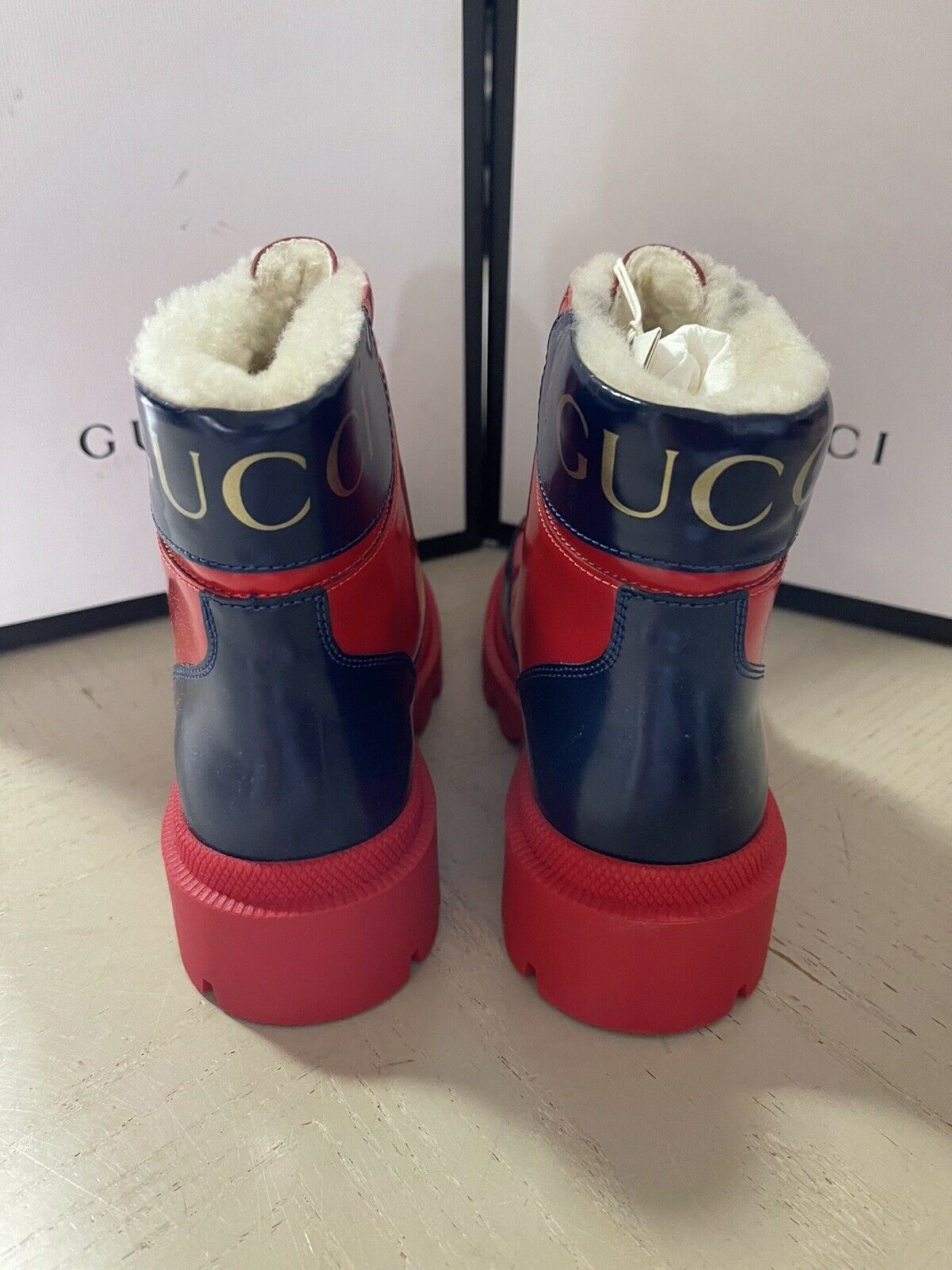 NIB Детские кожаные ботинки Gucci на подкладке из искусственного меха, красный/черный 32/1, возраст США 6,5 лет