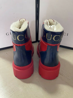 NIB Gucci Kinder Lederstiefel mit Kunstfellfutter Rot/Schwarz 32/1 US Alter 6,5