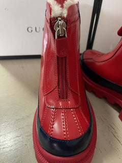 NIB Gucci Kinder Lederstiefel mit Kunstfellfutter Rot/Schwarz 32/1 US Alter 6,5