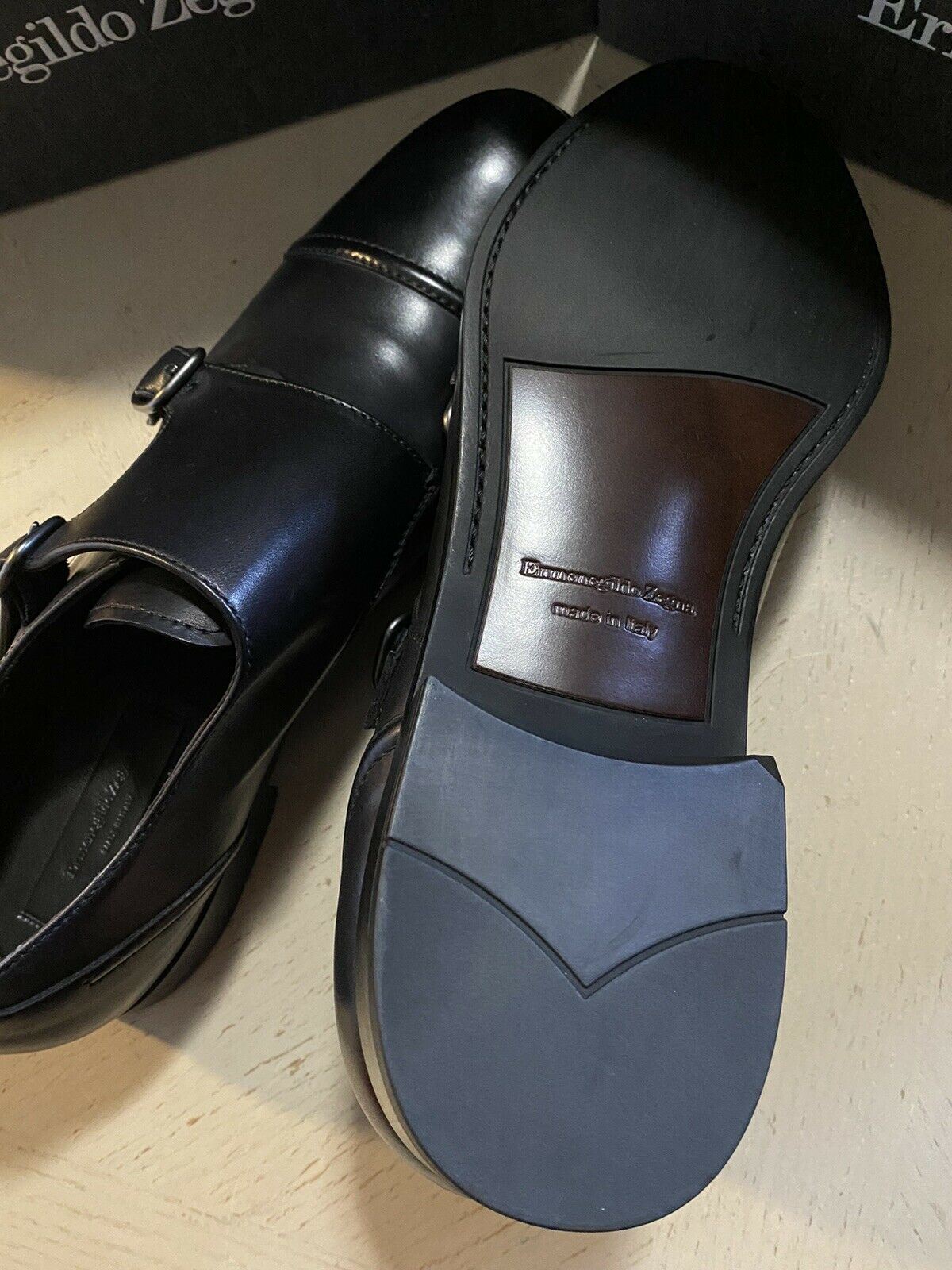 New $650 Ermenegildo Zegna Double Monk Leather Shoes Black 10 US Italy