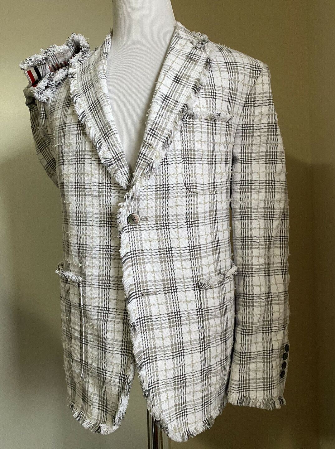 NWT $2490 Thom Browne Men Seersucker Tweed Jacket Blazer Black/White Size 3/L