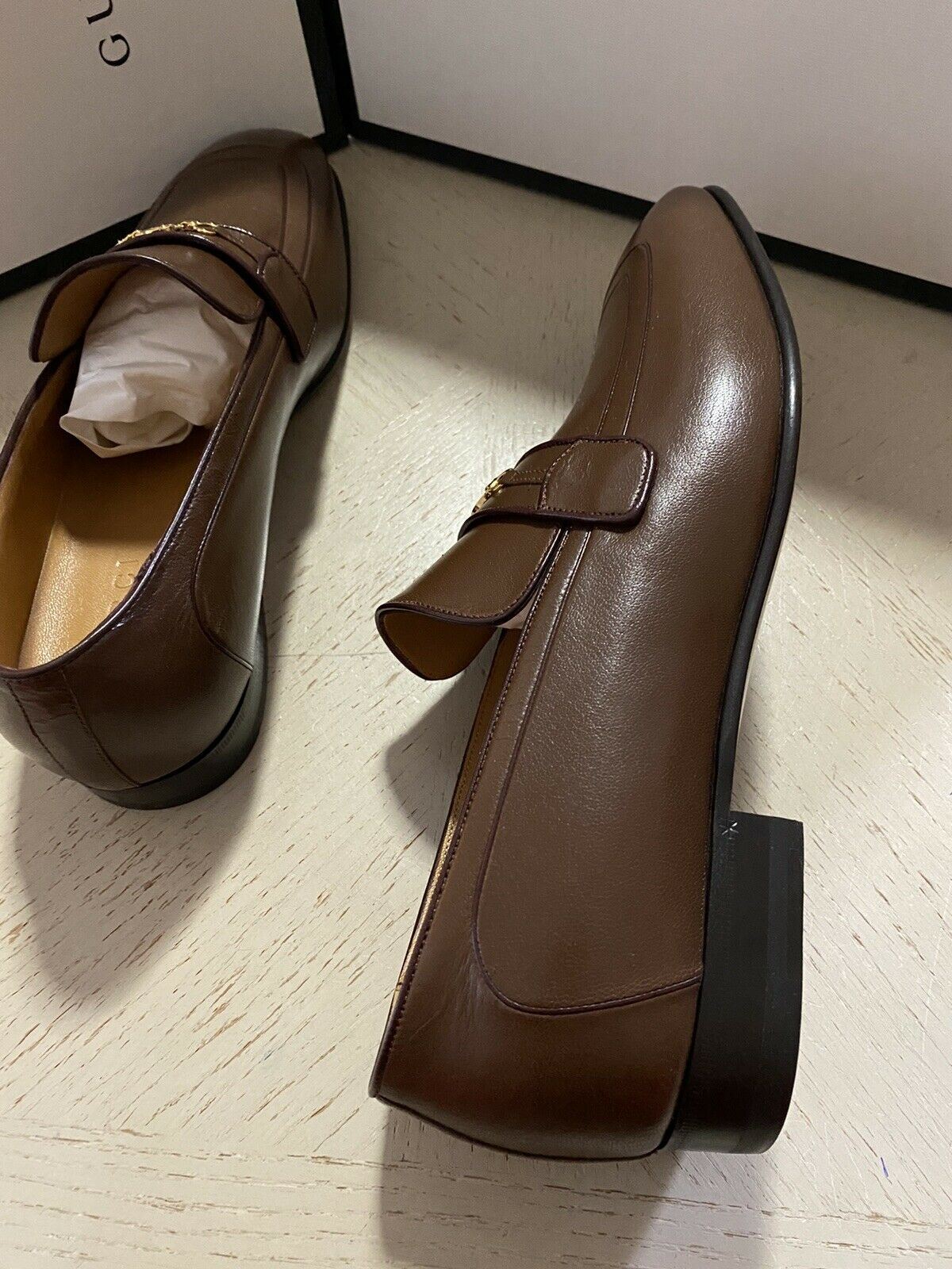 Новые мужские кожаные лоферы GG Monogram от Gucci, коричневые 8,5 США (7,5 Великобритании) Италия