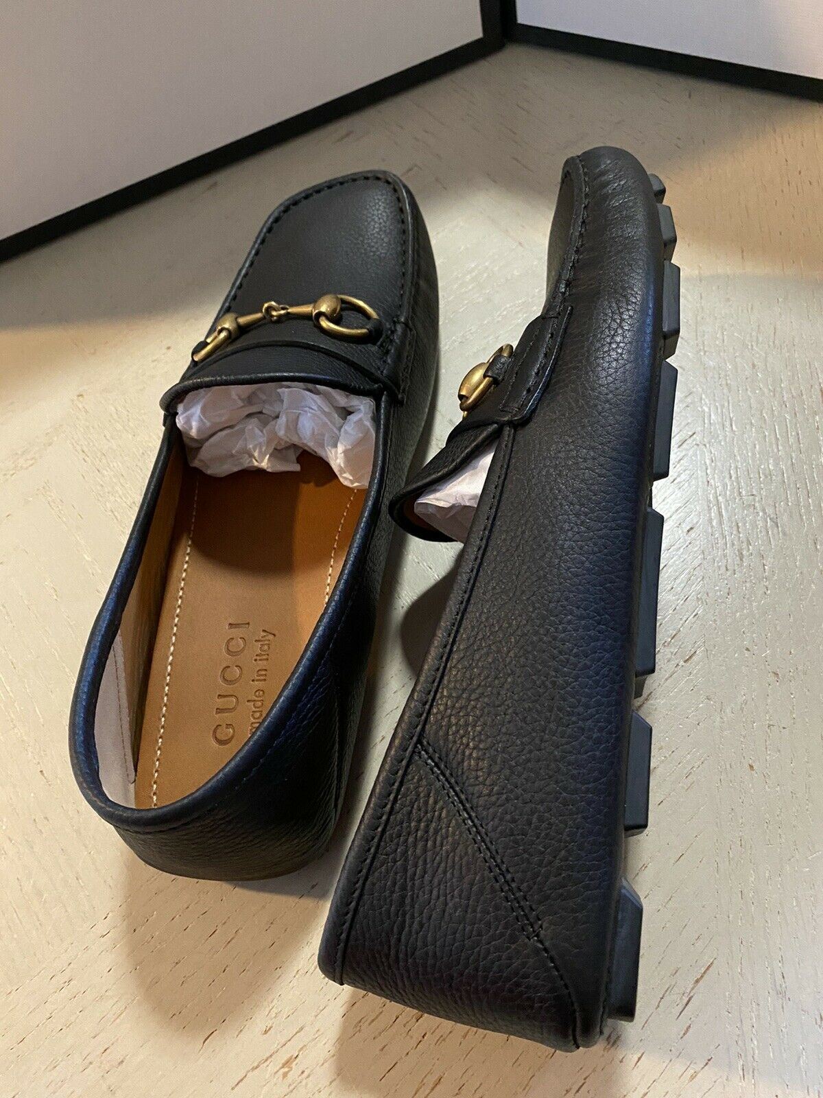 New Gucci Men Leather Driver Loafers Shoes Black 7.5 US/6.5 UK  Italy