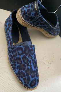 Neue Saint Laurent Herren Wildleder Vert Leopard Espadrille Schuhe Blau 12 US/45 Eu