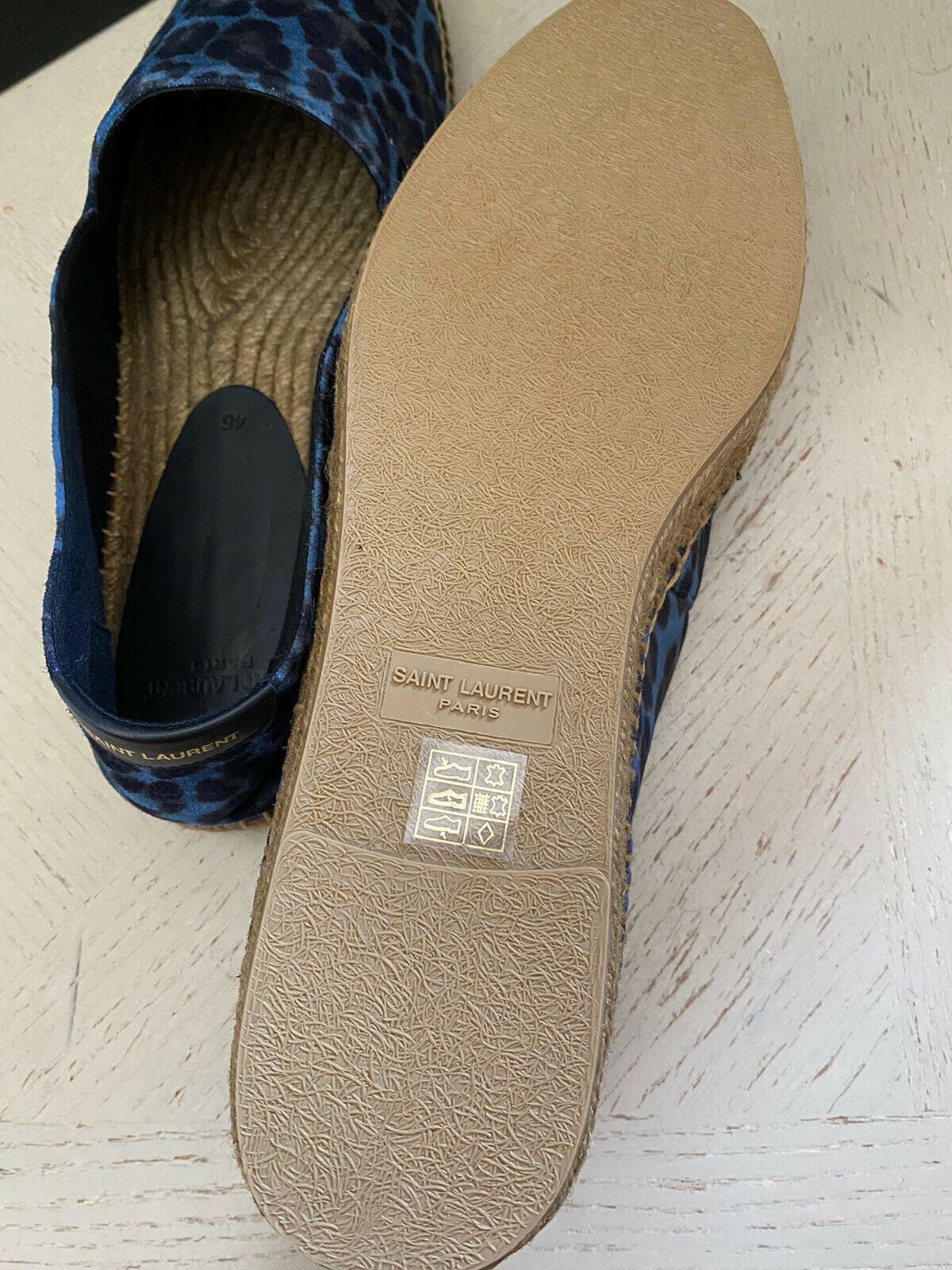 New Saint Laurent Men’s Suede Vert Leopard Espadrille Shoes Blue 12 US/45 Eu