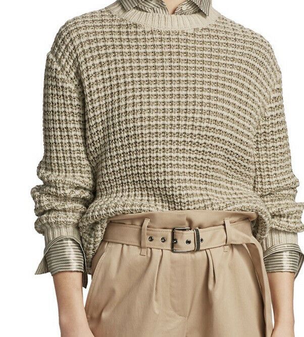 Neu $1995 Brunello Cucinelli Damen-Pullover aus gestreiftem Lurex-Wolle und Kaschmir Beige S