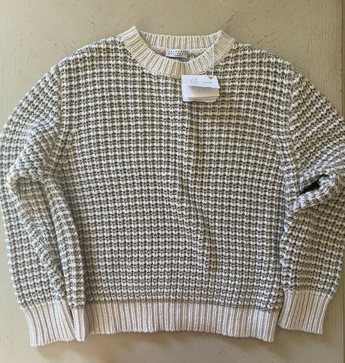 New $1995 Brunello Cucinelli Women Lurex Stripped Wool Cashmere Sweater Beige S