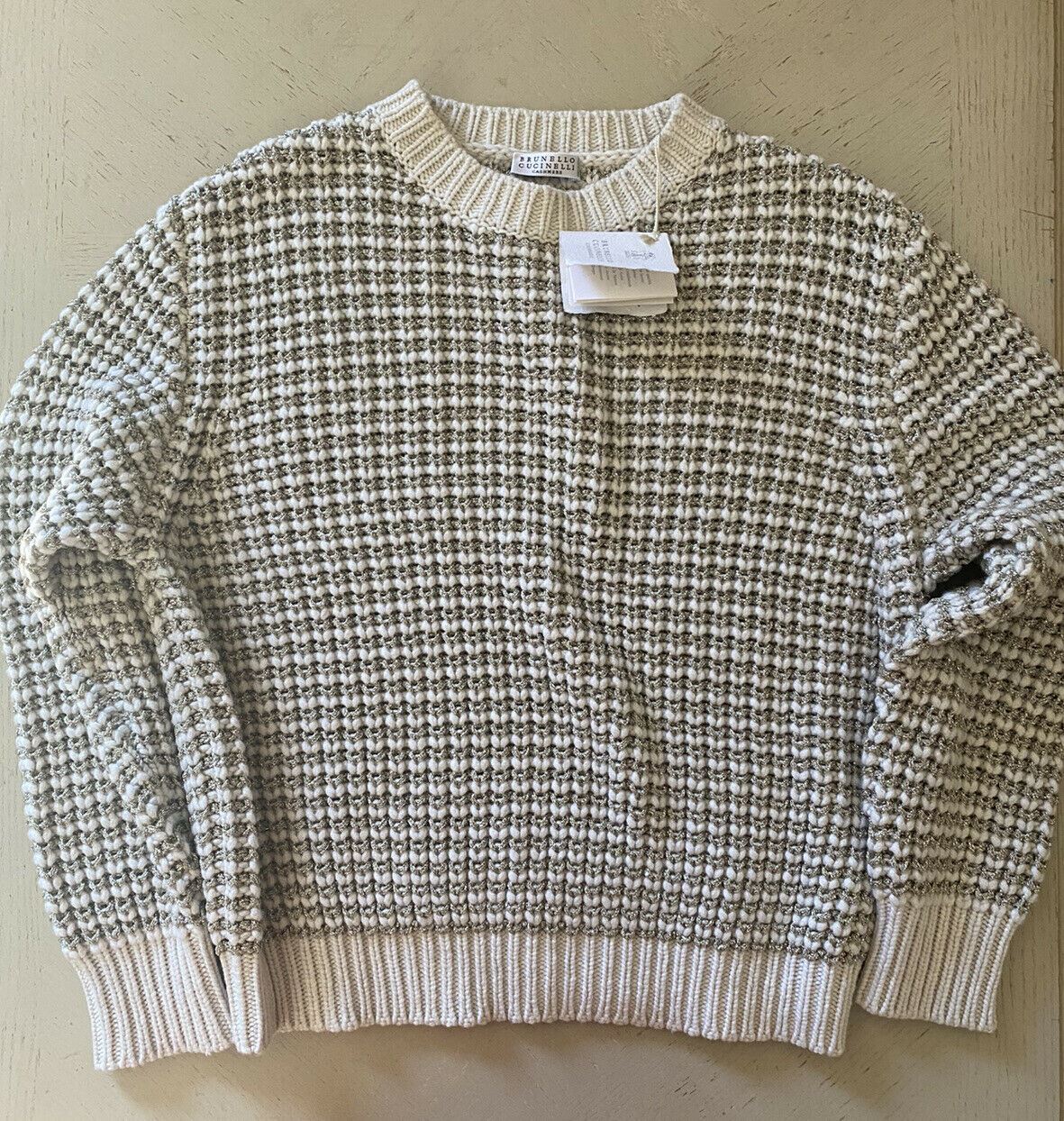 Neu $1995 Brunello Cucinelli Damen-Pullover aus gestreiftem Lurex-Wolle und Kaschmir Beige S